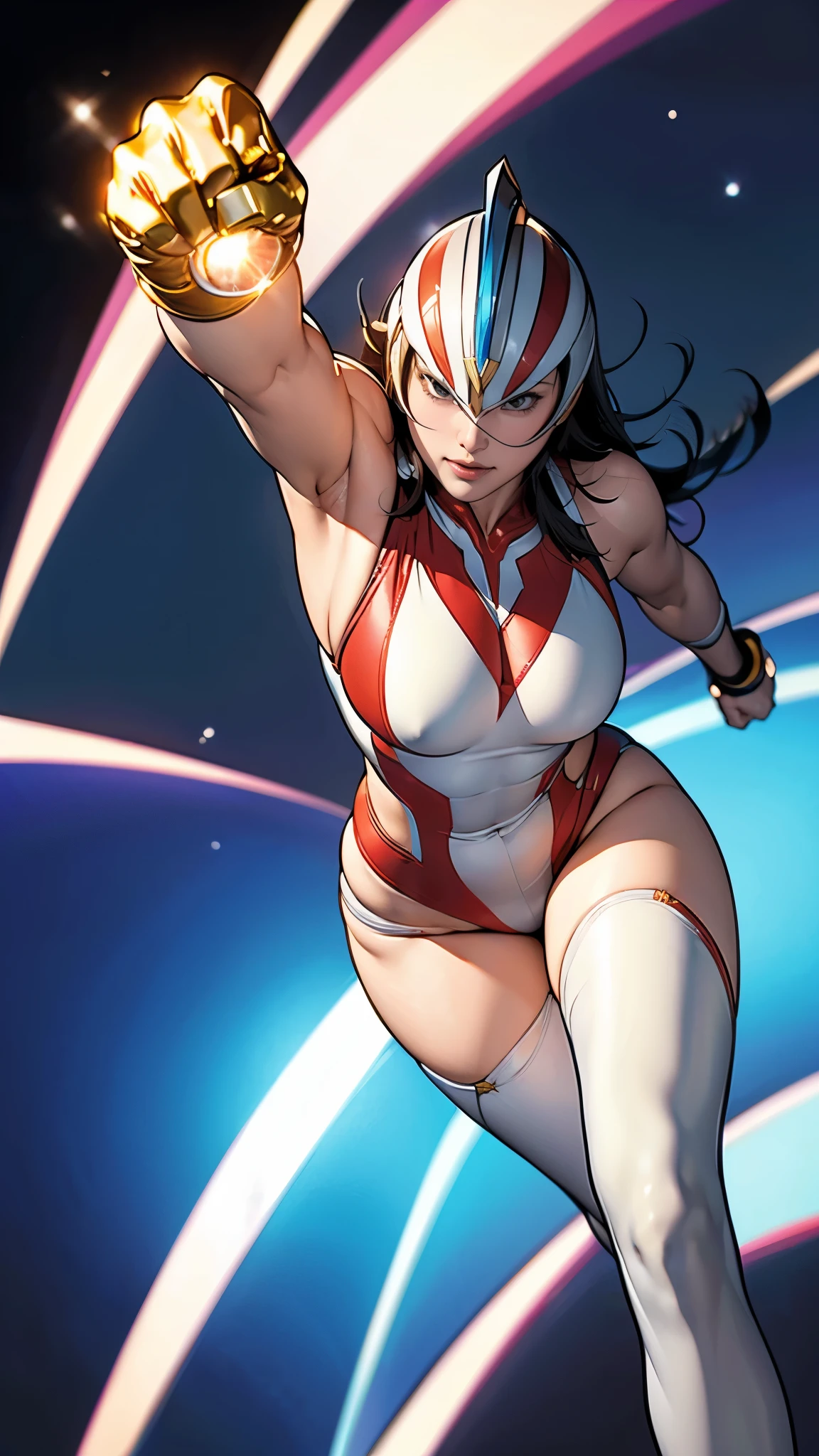 (masterpiece:1.2, Highest quality, Highest quality),(Ultra-detailed),(Photorealistic Stick),(RAW Photos:1.2),1 female,Mature female heroine,40 years old,人妻がUltramanに変身する,(((Dynamic fighting poses))),(Short Bob),((Dynamic Movement)),BREAK(光沢のある薄い生地のUltramanスーツ),(Glowing Skin,Big eyes,Droopy eyes,Long eyelashes,Beautiful thighs,Beautiful Hair,Beautiful Face,Beautiful Eyes,Beautiful body,Beautiful breasts,Beautiful legs,Beautiful fingers,Sensual),break((Ultraman)),((ultraman_rise:1.4)),((Background prism flash)),(((Dazzling Light))),(Clenched hands,Raise your arms,From below,Are standing,Light)