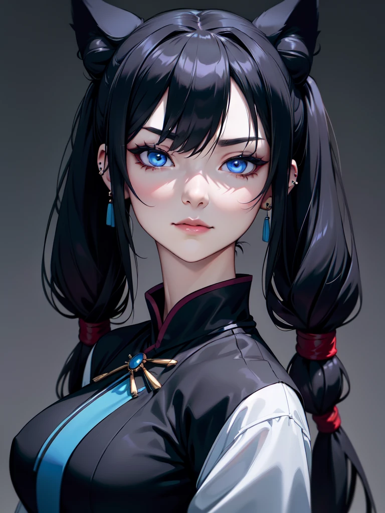 (((Portrait Photo))), She has the Appearance of a Regal and Graceful Teenager, with a Strong, Muscular Build that Radiates Power and Elegance. She has Long Black Hair, Styled in Odango-Shaped Buns with Thin Pigtails, which Resemble Wolf Ears. Her Icy Blue Eyes Reflect the Piercing Gaze of a Husky—Intense, Intelligent, and Unyielding. She is Dressed in a Traditional Black Cheongsam with Side Slits and Loose Sleeves, Revealing Her Breasts. Her Expression is Calm and Composed, with a Subtle, Knowing Smirk, Perfectly Embodying the Essence of Pride and Excellence. (((High Quality, Dark Background))), (((Portrait Photo)))