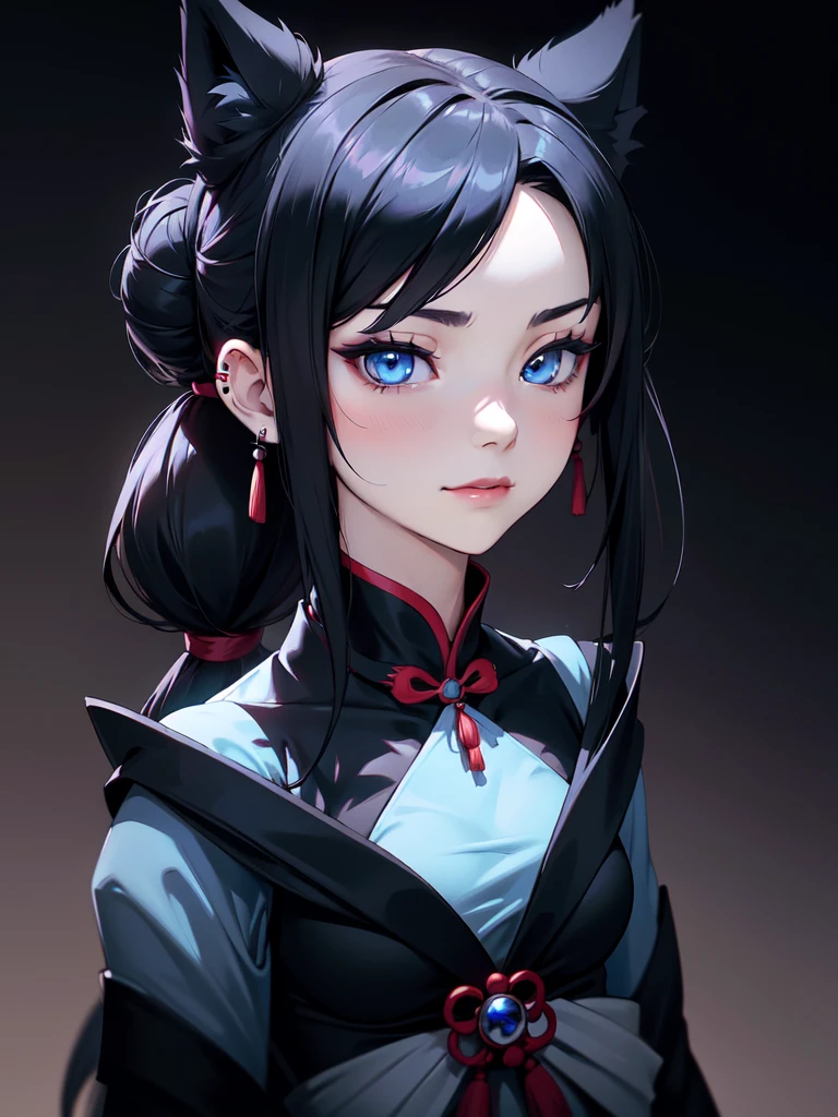 (((Portrait Photo))), She has the Appearance of a Regal and Graceful Teenager, with a Strong, Muscular Build that Radiates Power and Elegance. She has Long Black Hair, Styled in Odango-Shaped Buns with Thin Pigtails, which Resemble Wolf Ears. Her Icy Blue Eyes Reflect the Piercing Gaze of a Husky—Intense, Intelligent, and Unyielding. She is Dressed in a Traditional Black Cheongsam with Side Slits and Loose Sleeves, Revealing Her Breasts. Her Expression is Calm and Composed, with a Subtle, Knowing Smirk, Perfectly Embodying the Essence of Pride and Excellence. (((High Quality, Dark Background))), (((Portrait Photo)))
