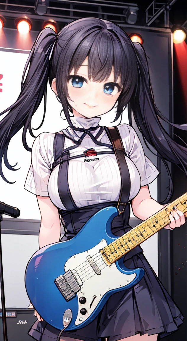 Highest quality,masterpiece,Fernandes Guitars,Tomoyasu Hotei model,Playing electric guitar,１People Girls,cute,Twin tails,Bright Blue Eyes,Anime Style,Large Breasts,****ta,Get noticed,on stage,enjoy,smile,Sweat,