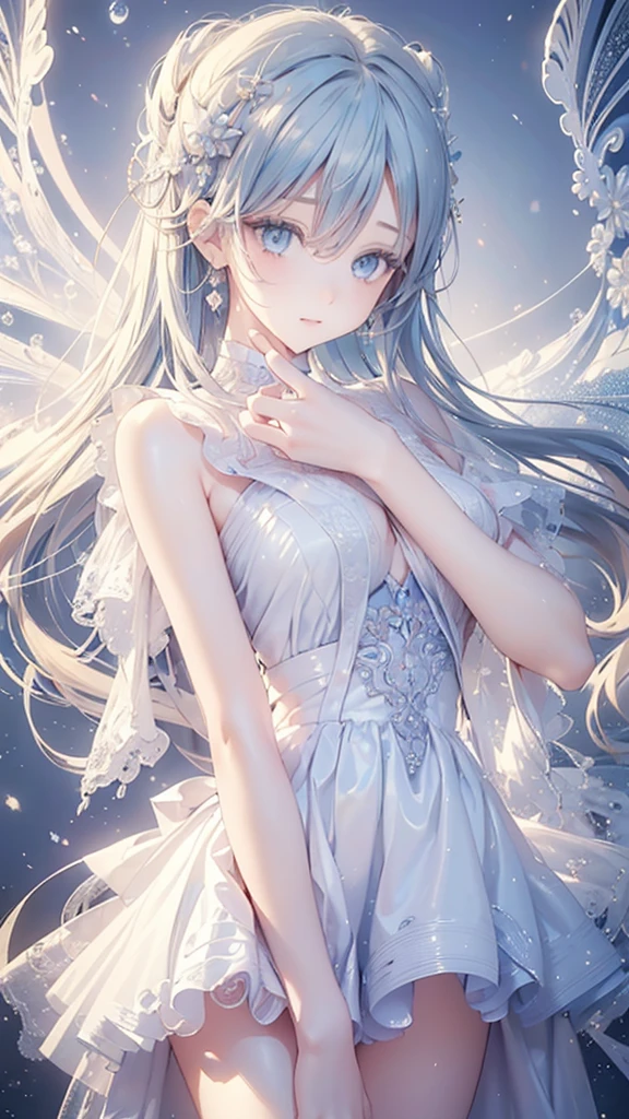 (masterpiece, Highest quality, Highest quality, Official Art, Beauty and aesthetics: 1.2), (One girl: 1.3), (Fractal Art: 1.3), Bright aqua blue eyes,  (Very delicate and beautiful face), (Beautiful eyes in every detail), Medium length hair with tassels, Nude midpart