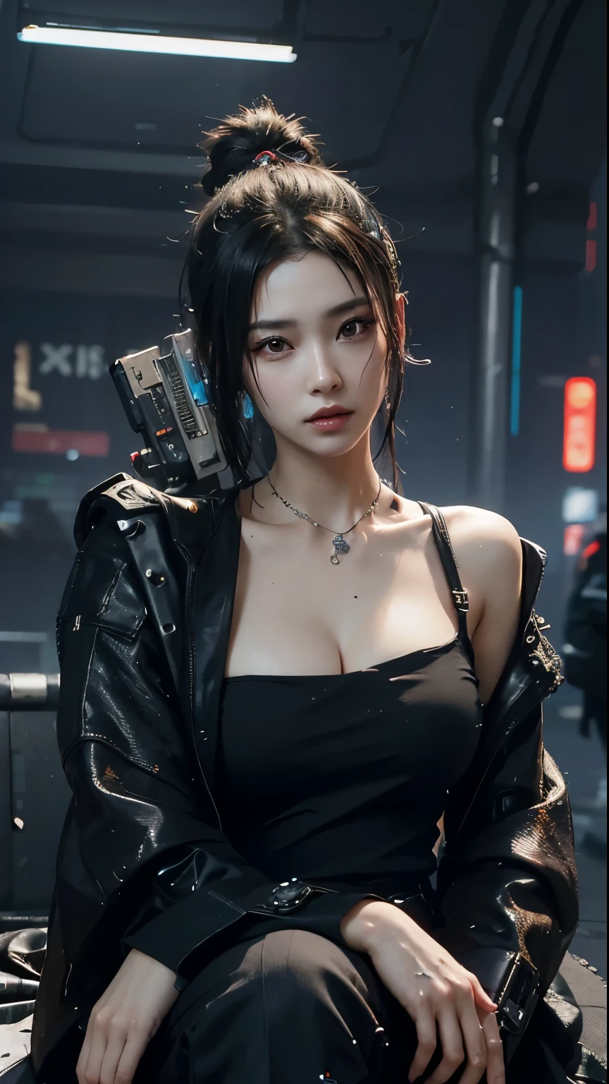 ((best quality)), ((masterpiece)), (very detailed:1.3), 3d, beautiful (cyberpunk:1.3) Samurai woman with long black hair, black clothes looking at camera