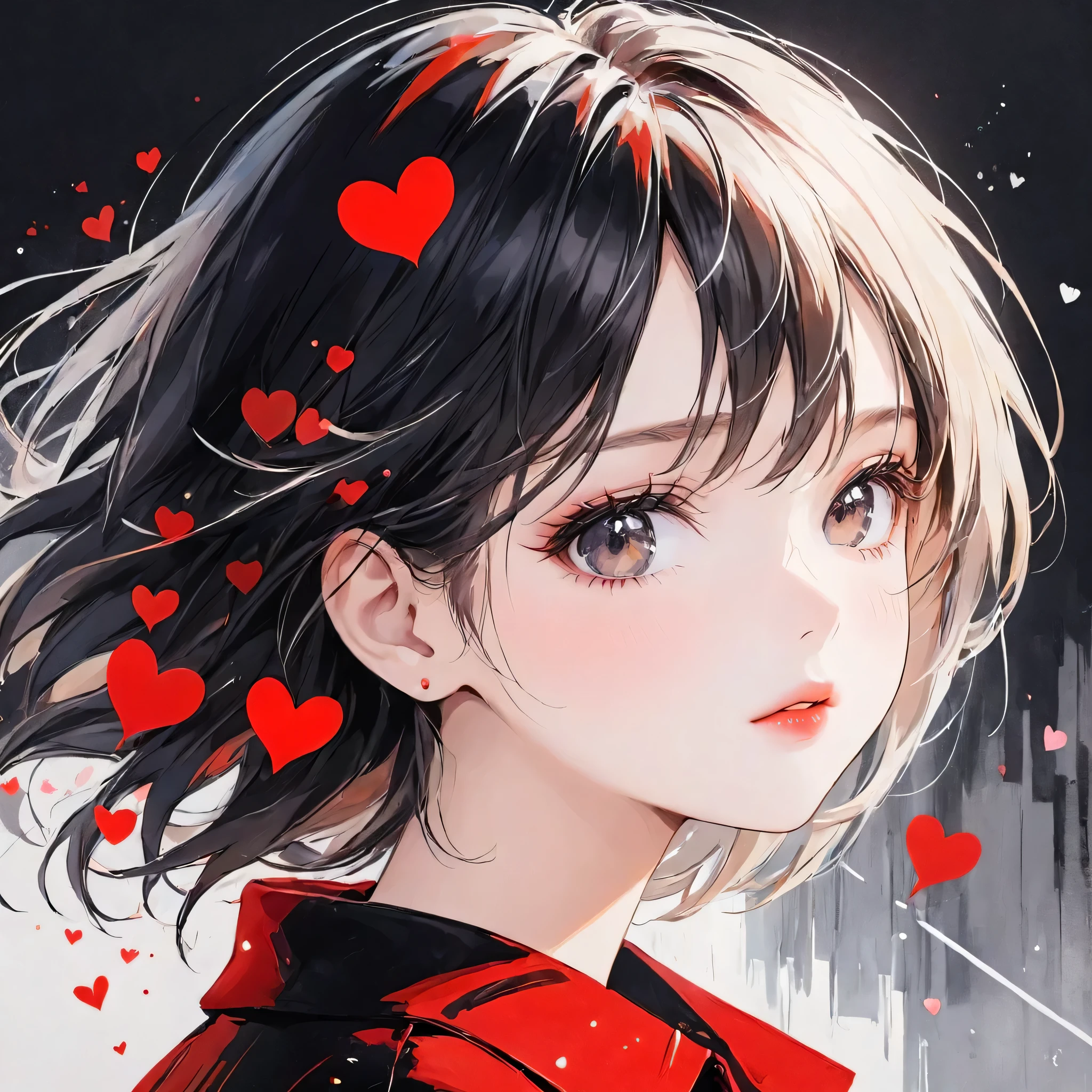 Mika Pikazo Black Star red and white style, Simple Line Initialism,Abstract art,Urban Background, (((The most beautiful girl of all time))), Sweet face. Lips in love, colorful hearts, stylish design