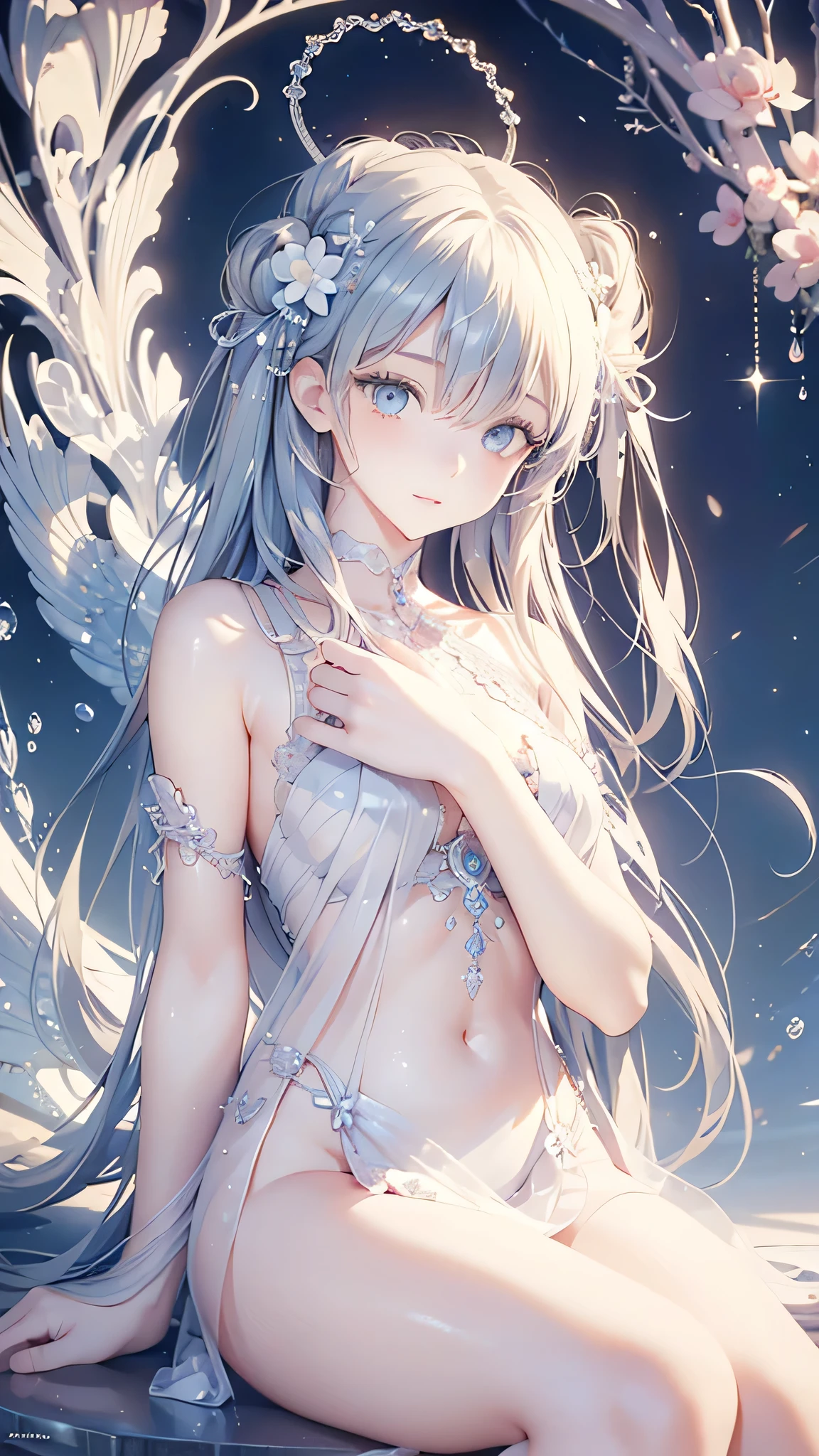 (masterpiece, Highest quality, Highest quality, Official Art, Beauty and aesthetics: 1.2), (One girl: 1.3), (Fractal Art: 1.3), Bright aqua blue eyes, Medium length hair with tassels, Nude midpart
