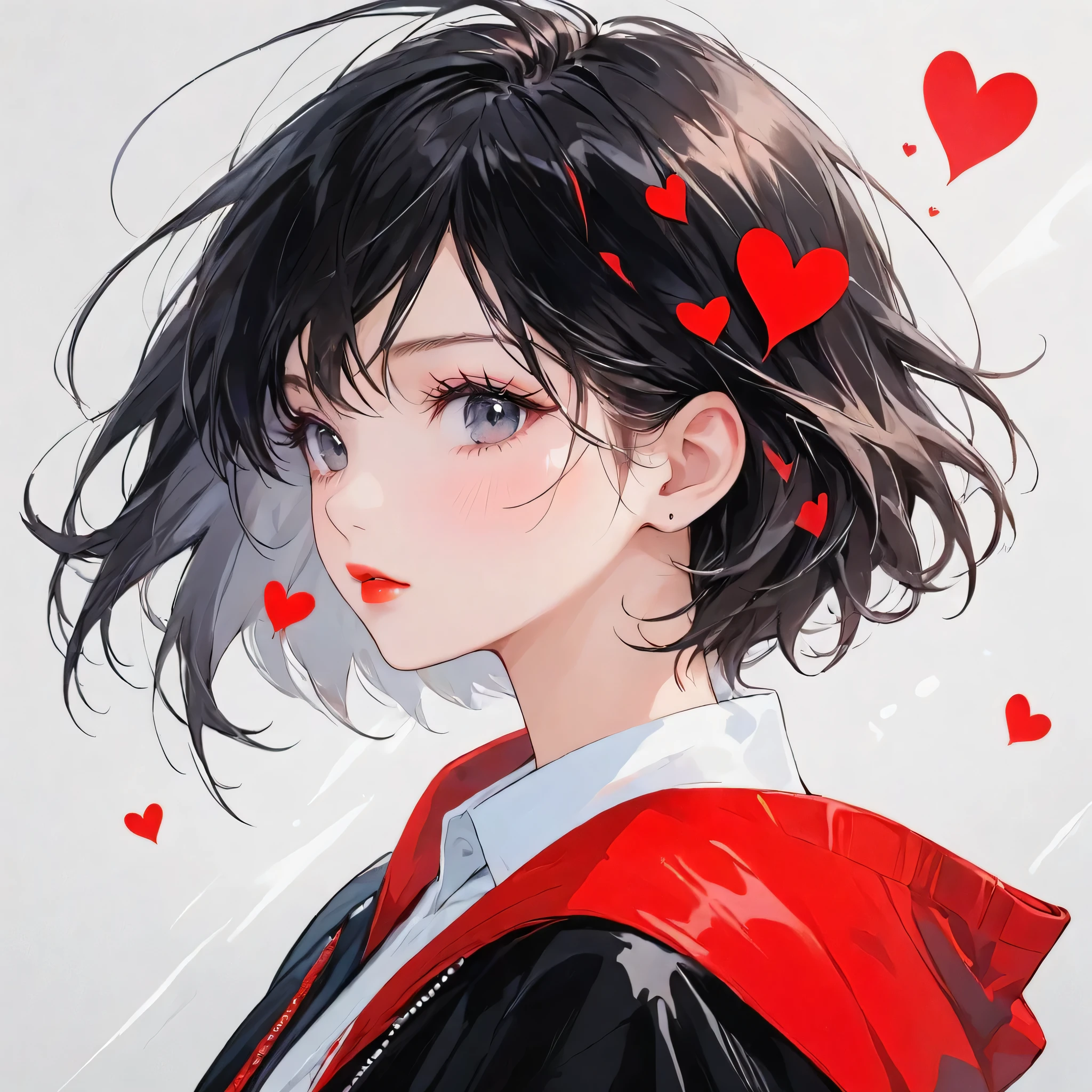 Mika Pikazo Black Star red and white style, Simple Line Initialism，Abstract art，Urban Background, (((The most beautiful girl of all time))), Sweet face. Lips in love, colorful hearts, stylish design