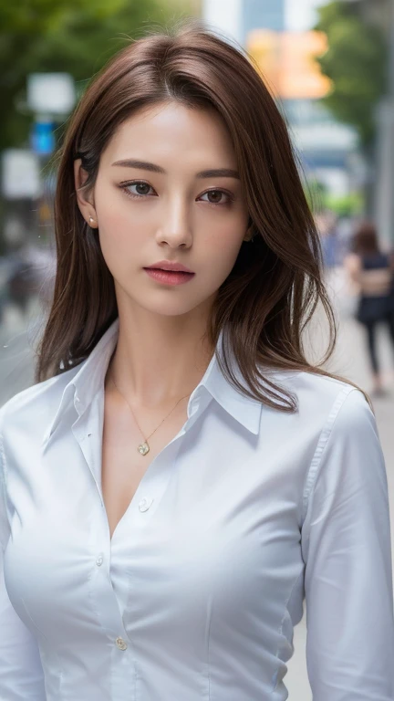 ((Highest quality, 8k, masterpiece :1.3)), Sharp focus :1.2, Beautiful woman with perfect figure :1.4, Slim Abs :1.2, ((Dark brown hair, :1.2)), (White button-up long shirt :1.1), City Street:1.2, Highly detailed face and skin texture, fine grain, double eyelid、Large Breasts、Cleavage
