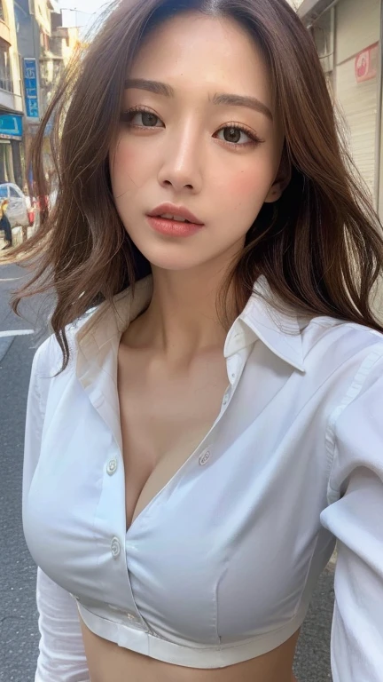 ((Highest quality, 8k, masterpiece :1.3)), Sharp focus :1.2, Beautiful woman with perfect figure :1.4, Slim Abs :1.2, ((Dark brown hair, :1.2)), (White button-up long shirt :1.1), City Street:1.2, Highly detailed face and skin texture, fine grain, double eyelid、Large Breasts、Cleavage