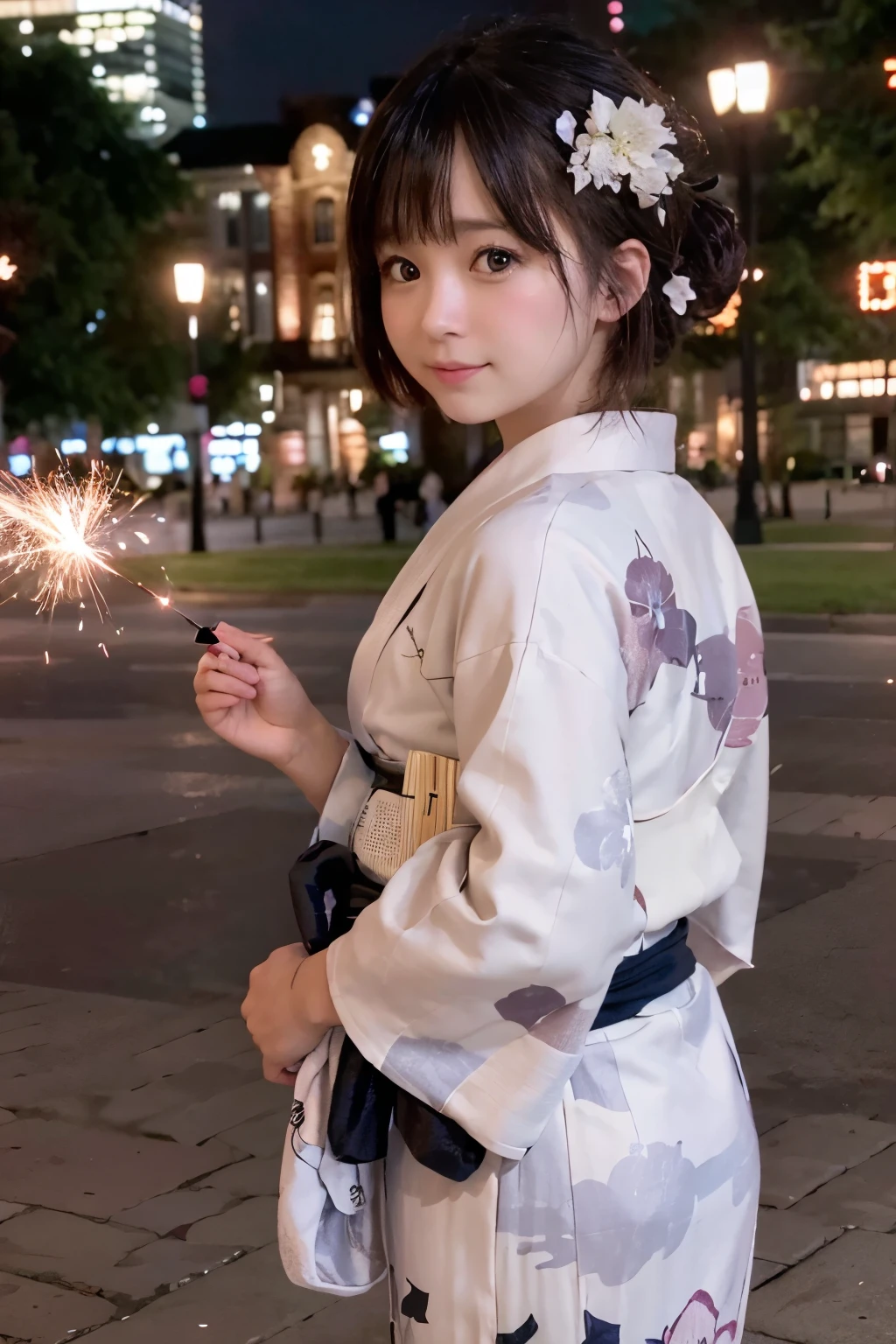 8K, RAW Photo, Best Quality, Masterpiece, Realistic, PhotoRealistic, Extremely Detailed 8K Wallpaper, (Beautifully Detailed Eyes), Finely Detailed Face, 
 BREAK 
Professional Lighting, 
 BREAK 
(A Girl is Playing Japanese Sparkler with Own Hand Extending to the Viewer:1.6), Pointing Fireworks to the Viewer:1.0, 
(Light Evening:1.2), 
(marunouchiekimaehiroba:1.2), 
((lamppost, tree, scenery, building, sky, clock, city, real world location, road, street, window, cityscape, pavement)), 
 BREAK 
Perfectly Anatomically Correct:1.8, 5 Beautiful finger:1.8, 
 BREAK 
1 Girl, Very Short Hair Bun:1.2, Japanese, Kawaii, Wide-Set Eyes, Tareme, Very White Skinned, Blush, Embarrassed, 17-Year-Old, 
(Captivating Eye Reflections), 
Brown Hair, Wet Hair, Smiling, [Pouted Cheek], Open Mouse Slightly, 
(Japanese Yukata:1.4), 
Looking Back Viewer, 
 BREAK 
[SFW:1.0, Non-Nipple:1.0], 
 BREAK 
Low Angle Shot, Eye Focus:1.0, Bokeh:1.1, from Back:1.0, from Side:1.0, from Below:1.0, 
[Dynamic Angle]