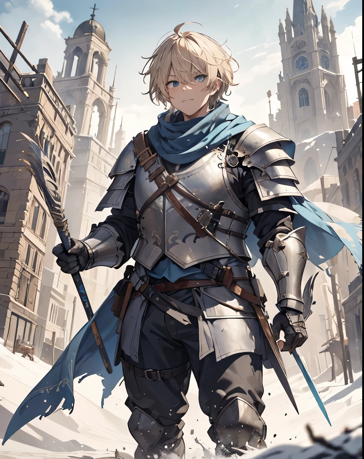masterpiece, 1men, sparrow, a blonde haired men, wearing a blue medieval armored knight, short hair, messy hair, obese body, wearing knight clothes, he close her left eye, shirt ornament, angry expression, blue eyes, stand at snowy forest, ahoge, grey vest, shawl, full armor, bring big shield in his back, beautiful eyes, ugly face, fat body, ugly bastard, fatty face, very big stomach