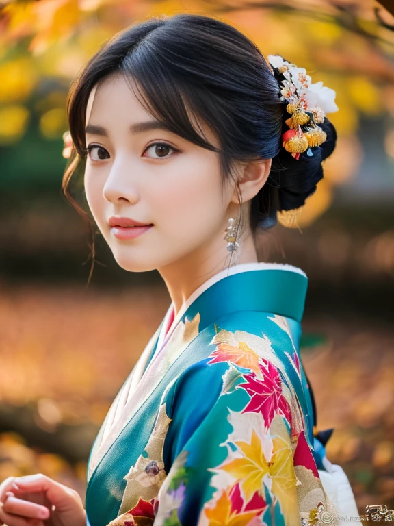 (Highest quality、 8k 、masterpiece、High resolution)、 Japanese painting、Vibrant colors、A woman wearing a kimono、(Detailed face,Beautiful Face,Beautiful Eyes,Beautiful nose,Pretty lips)、Dynamic painting technique、Japanese garden、Autumn scenery、autumn leaves、Starry Sky、Susuki、Detailed Description、