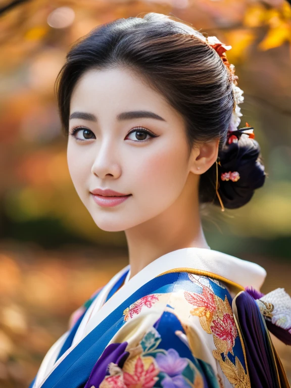 (Highest quality、 8k 、masterpiece、High resolution)、 Japanese painting、Vibrant colors、A woman wearing a kimono、(Detailed face,Beautiful Face,Beautiful Eyes,Beautiful nose,Pretty lips)、Dynamic painting technique、Japanese garden、Autumn scenery、autumn leaves、Starry Sky、Susuki、Detailed Description、