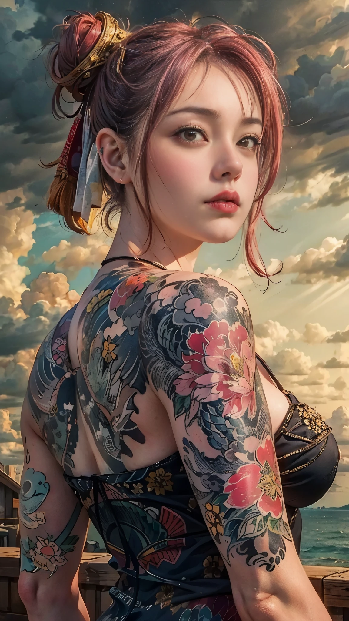 8k, Masterpiece, (photorealistic:1.5), a artistic portrait from behind of ((a yakuza girl) wearing nothing), tattoo on back, expose back tattoo, (irezumi tattoo), bare shoulders, bare huge breast,  beautiful skin, slim fit body, cute face, lovely look, look at viewer, bun red hair with bang, foggy, daylight, skyview, clouds, cozy and cold atmosphere, dynamic lighting, natural, artistic