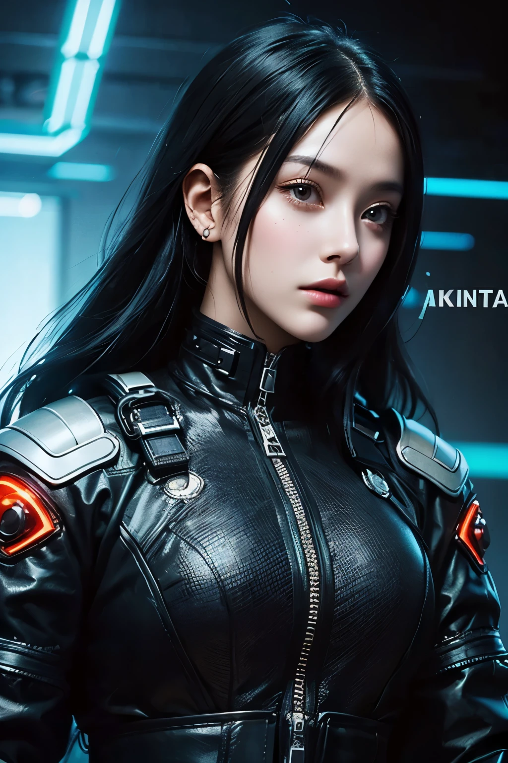 black haired woman, (Masterpiece), cyber punk style, realistic skin, soft white futuristic armor, intricate details, bedroom background, cannon 3.5mm camera quality