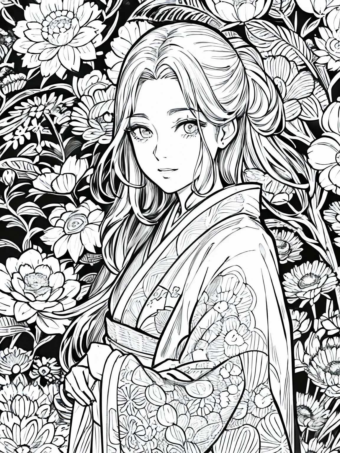 (Black and white coloring book:1.5), line drawings, masterpiece, best quality, ultra-detailed, high resolution, Very detailed face, (Eyes clear and distinct lines), Hair is white color, cowboy shot, A woman wearing a traditional Japanese furisode (long-sleeved kimono), Beautiful garden in the background, Hyper detailed crisp black line draw, ((simple white color)), Fibonacci