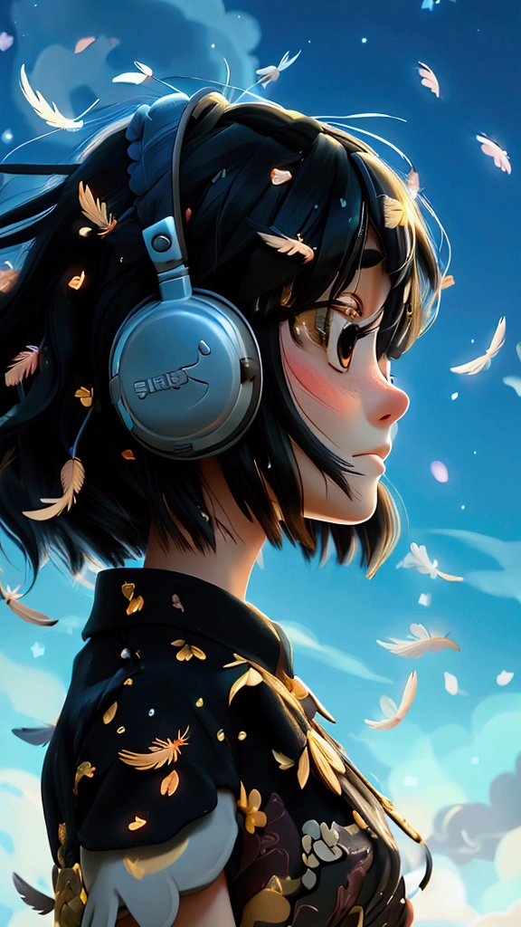 Feathers Fall、Ghibli-style images、One girl, High resolution, Black Hair、Sparkle Effect, , Highest quality, headphone、Soaring in the night sky