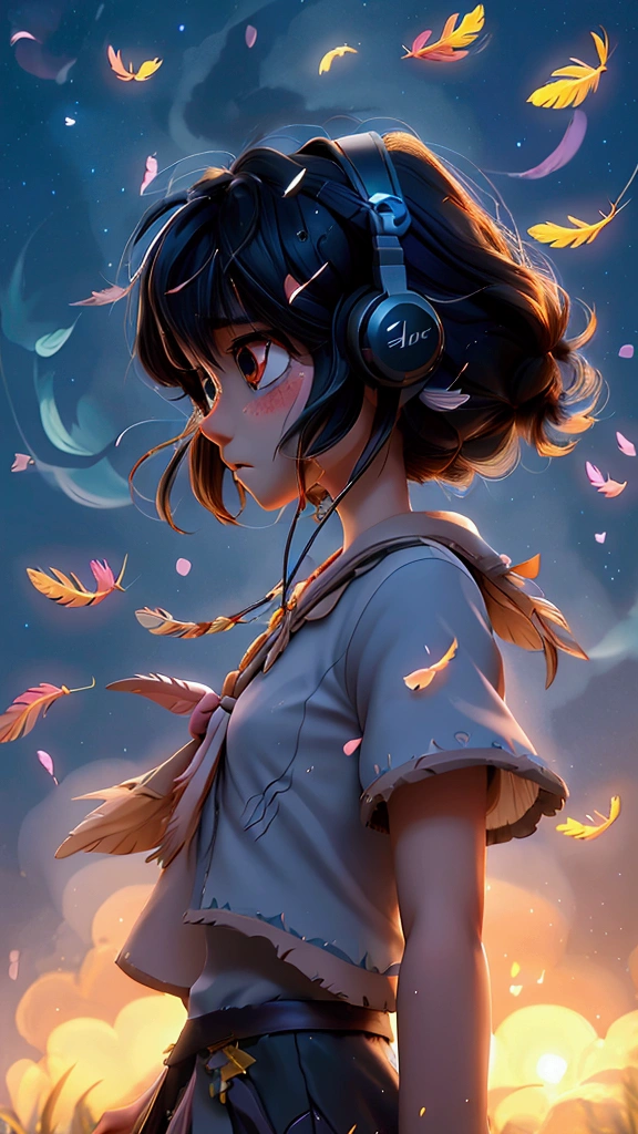 Feathers Fall、Ghibli-style images、One girl, High resolution, Black Hair、Sparkle Effect, , Highest quality, headphone、Soaring in the night sky