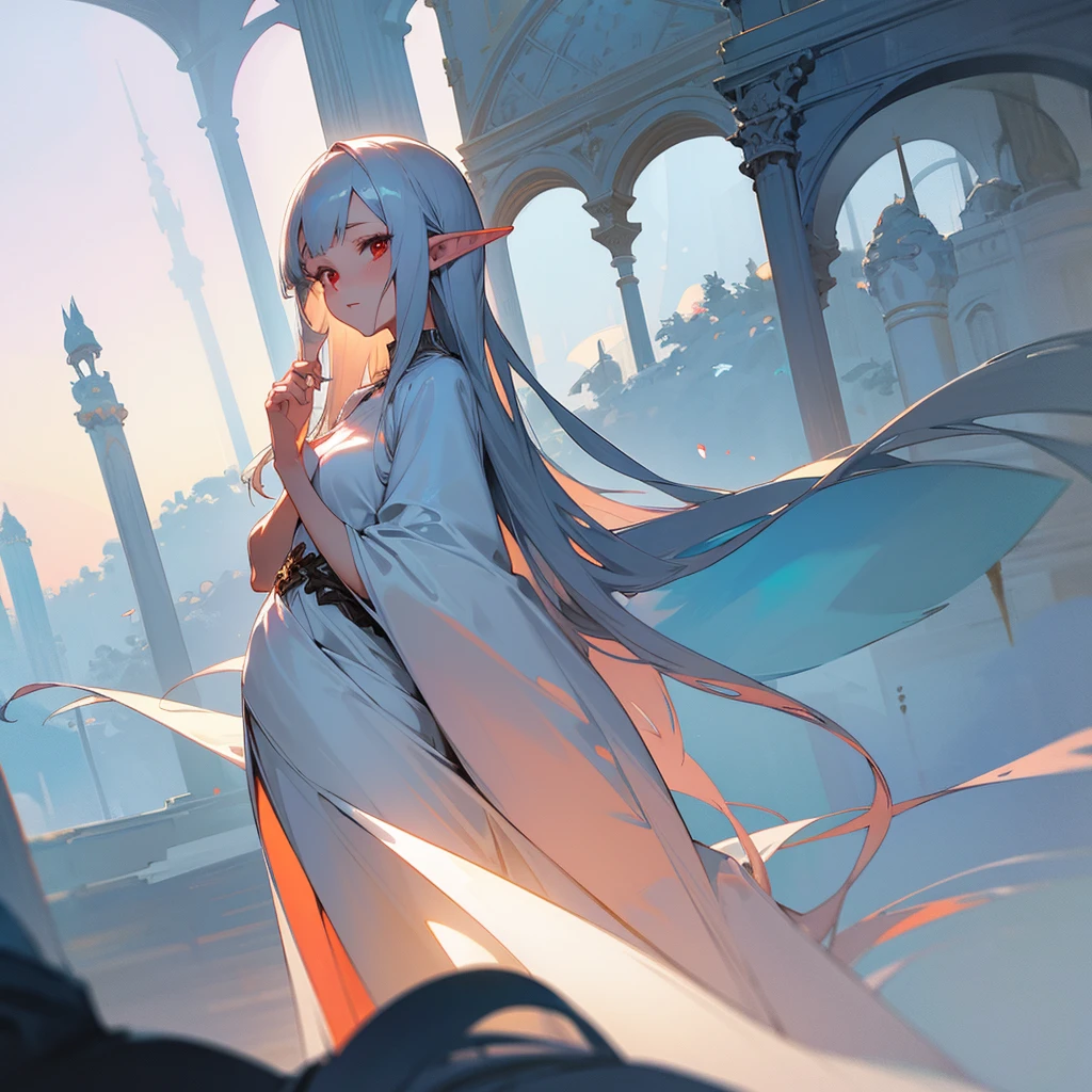 Anime mature woman,she had a long silver hair with straight bangs,she had a red eye, she's have a elf ear,she wearing an white long elegant dress,scenery is beauty behind her,artistic art