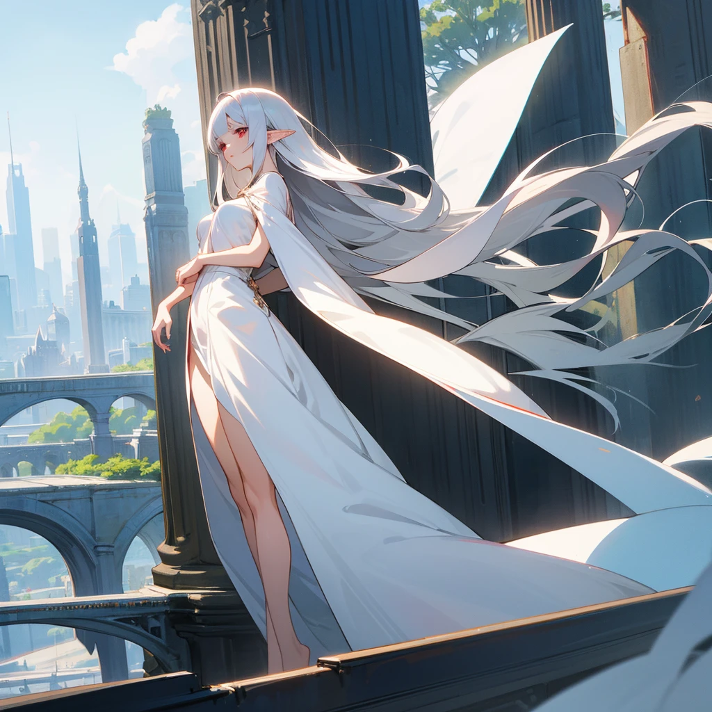Anime mature woman,she had a long silver hair with straight bangs,she had a red eye, she's have a elf ear,she wearing an white long elegant dress,scenery is beauty behind her,artistic art