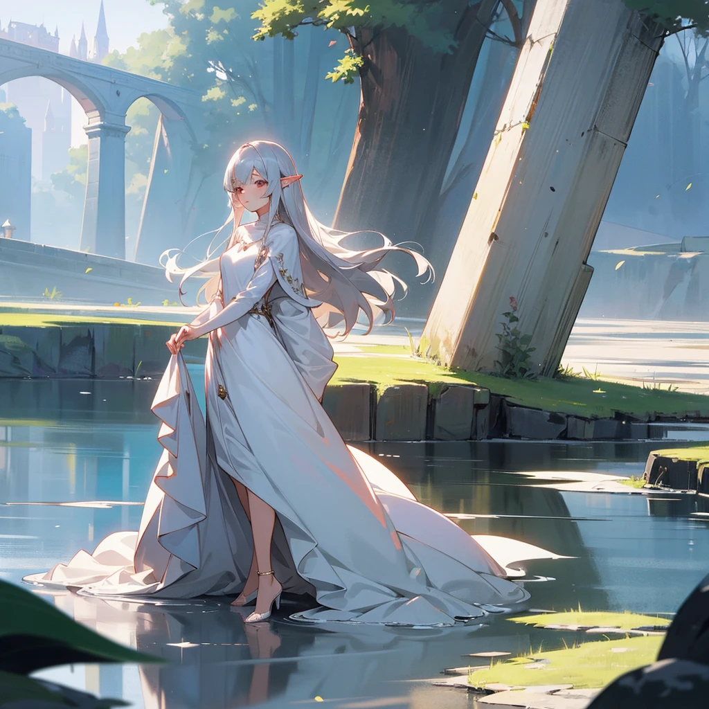 Anime mature woman,she had a long silver hair with straight bangs,she had a red eye, she's have a elf ear,she wearing an white long elegant dress,scenery is beauty behind her,artistic art