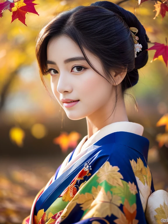 (Highest quality、 8k 、masterpiece、High resolution)、 Japanese painting、Vibrant colors、A woman wearing a kimono、(Detailed face,Beautiful Face,Beautiful Eyes,Beautiful nose,Pretty lips)、Dynamic painting technique、Japanese garden、Autumn scenery、autumn leaves、Starry Sky、Susuki、Detailed Description、