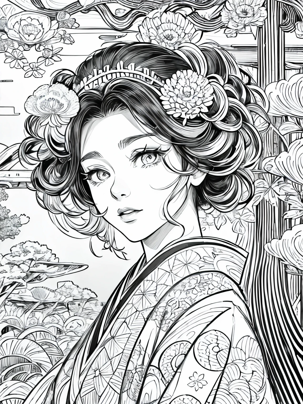 (Black and white coloring book:1.5), line drawings, masterpiece, best quality, ultra-detailed, high resolution, Very detailed face, (Eyes clear and distinct lines), Hair is white color, Full body shot, A woman wearing a traditional Japanese furisode (long-sleeved kimono), Beautiful garden in the background, Hyper detailed crisp black line draw, ((simple white color)), Fibonacci
