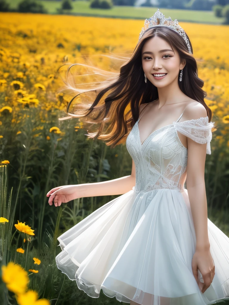 (masterpiece), (Highest quality), (Ultra high definition), (Ultra-high resolution), (Very detailed),Black Pantyhose, Swaying in the wind,Princess Dress, ear,Are standing, Flower Field, Beautiful 23 year old woman, Handsome, smile, Shining white teeth, Fluttering in the wind,Brunette Longhair, Soft skin texture,Lip gloss, 8k Raw Photo:1.5,