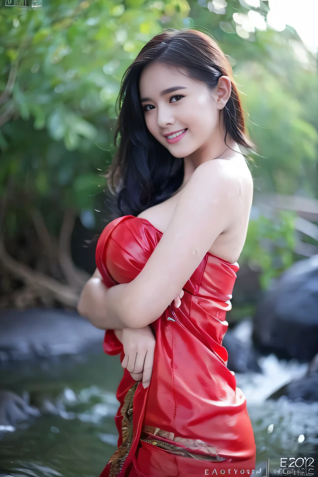 Cute girl wearing sarong dress with seducing pose, big smile, happy, bustling, ((whole body)) turning away facial at viewer, closeup, heavy mountains, misty, fog, woman standing in the waterfall, wet body, wet clothes, wet skin, beauty skin, huge breast:1.5, thick thighs bright lighting, big round ass, cute face, slim abs, 35mm lens, Extreme close-up, depth of field cinematography effect, romantic film genre, 8k resolution, high quality, ultra detail