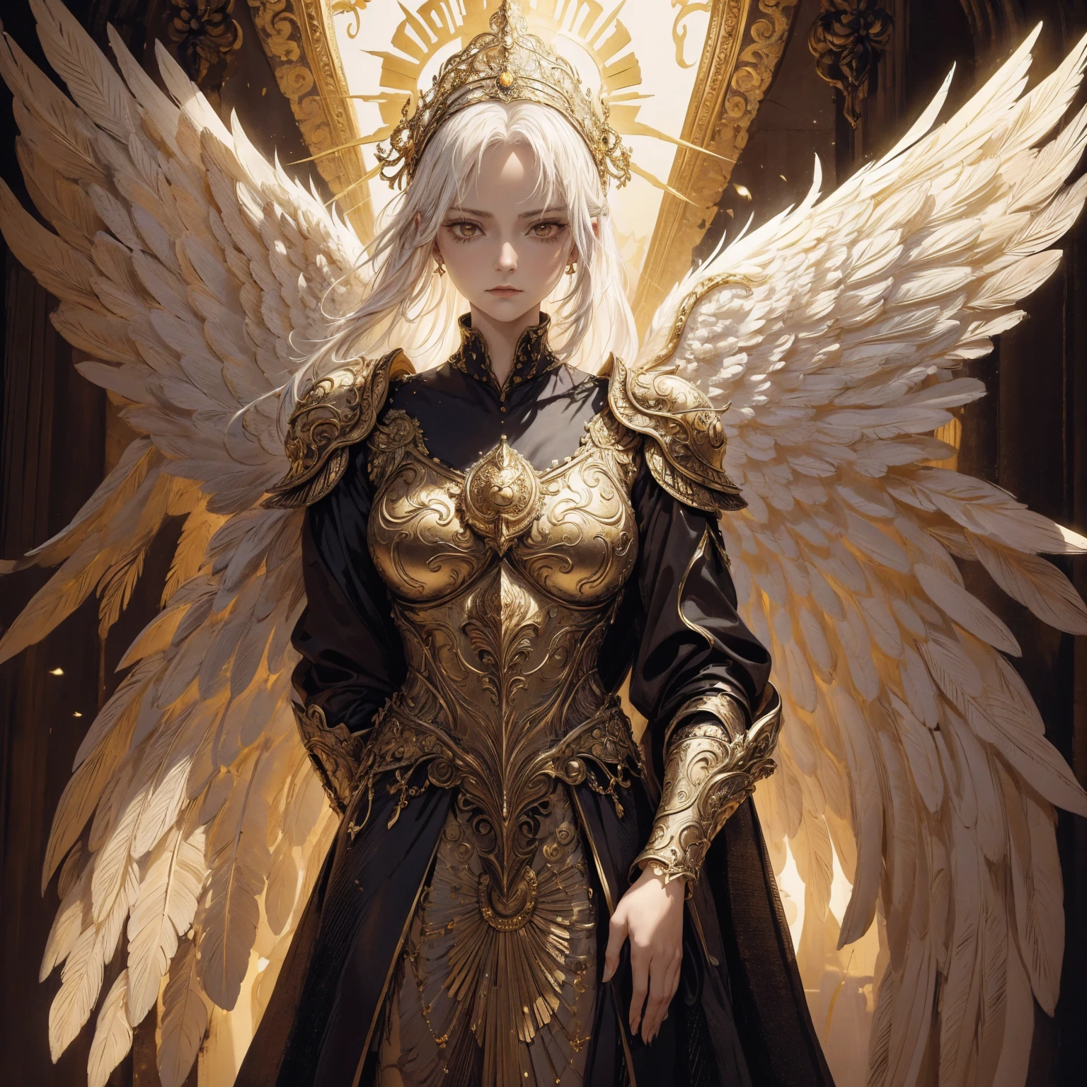 Art of elderly mature woman wearing sun crown, Wearing ornate golden breastplate that exposes a small amount of skin above the chest, A pair of armored angelic wings spreading out behind the woman and the wings have extremely long size feather that even taller than the woman's body, Ancient goddess art, Sacredness. Very detailed, Mysterious inspiration, Inspiration from the Sun God, Religious inspiration, Cold and snobbish face, No smile, Dangerous impersonal expressions, White hair, Standing, Full body portrait, Gothic art style, Weird art style, Occult art