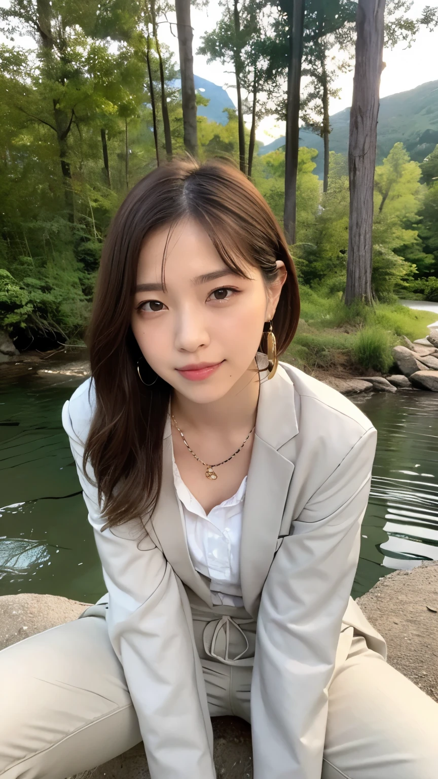 ((High-definition images, masterpiece, atmospheric perspective, 8K, Super detailed, Accurate, highest quality, single shot)), (((cute western woman masturbating))), (casual style), Jacket, unbuttoned shirt, swollen areole, (round face, Realistic eye size, droopy eyes, blush, smile), (((stand and spread your legs, ))), (in the forest, Mountain, rock, Narrow River, At night), blonde braid hair, small earrings, thin necklace, (light makeup), 