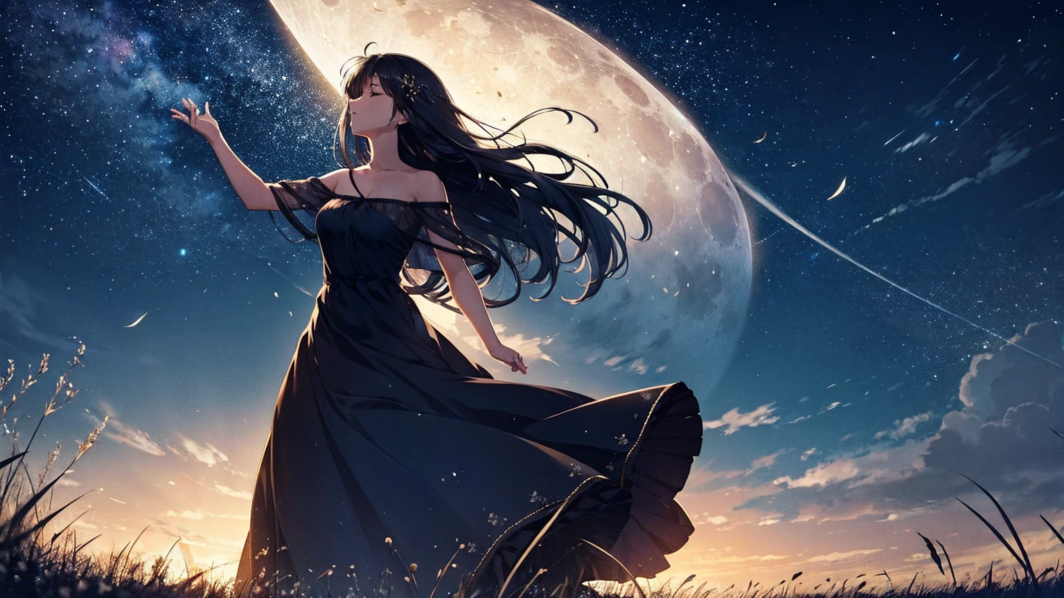A woman singing in a nighttime meadow. She is wearing a flowing dress that moves gently with the breeze, and her hair is loose, cascading over her shoulders. The night sky above is filled with stars and a glowing moon, casting a serene light over the scene. The meadow is filled with tall grasses and wildflowers, swaying gently. Her expression is passionate and serene as she sings, and she is illuminated by soft, ambient light, creating a magical and tranquil atmosphere.