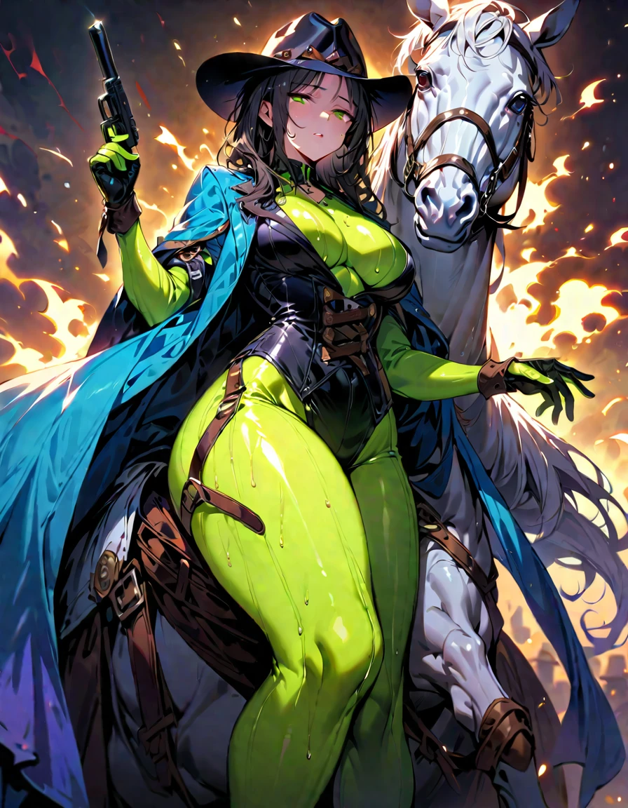 Young beautiful woman,(Highest quality,Extremely detailed depiction,Incredibly absurd high resolution,Anatomically accurate depiction,Nice hands, Perfect Fingers,Curvy Legs),(Glowing Skin,Shiny skin,Sweat),Cowboy costume,Cowboy hat,latex,Dual pistols,Half-closed eyes:1.1,There is cleavage in the chest,Straddling a horse,background:Western Region,