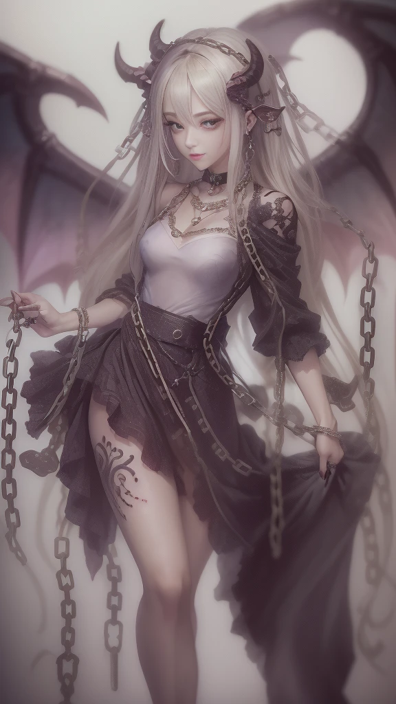 (32K:1.5, Dark fantasy:1.5, Horror Portrait:1.5, Highest quality, masterpiece, Ultra-high resolution), Perfect dynamic composition:1.3, chaos, darkness, Dark Demon World:1.3, (Detailed tattoos on the whole body:1.5, wearing exquisite jewelry:1.5), Very detailedな肌と顔の質感:1.3, Very accurate, Very detailed, (Cute and sexy succubus demon with big wings:1.3, Incredibly slim body:1.3, beautifully、beautiful:1.3), Prisoner, slave, Horn, Fair skin, Sensual posture, (How to properly dress badly torn clothing:1.3), Medium chest, (Big eyes that exude beautiful eroticism:0.4, Feel the intense caress:1.0, Please open your mouth a little, lipstick, Feel the beautiful eroticism:0.9, Too sexy and cute:0.9, charm的な:0.9), ((torture:1.5, Lots of chains:1.6, Countless chains tangled in clothes:1.6, Chain your right arm:1.5, Chain the left arm:1.5, The right leg is bound with a shackle and chain:1.5, The left leg is bound with a shackle and chain:1.5)), Super long blonde curly hair, Earrings, necklace, bracelet, romantic, mysterious, elegant, Object of admiration, original, dramatic, artistic, Innovative, charm, Heartful, Fancy, sense of openness, sense of cleanliness, special, exciting, Extreme, Tilt, sense of loss, sorrow, sorrowの表現, ((大人のcharm, 女性的なcharm))