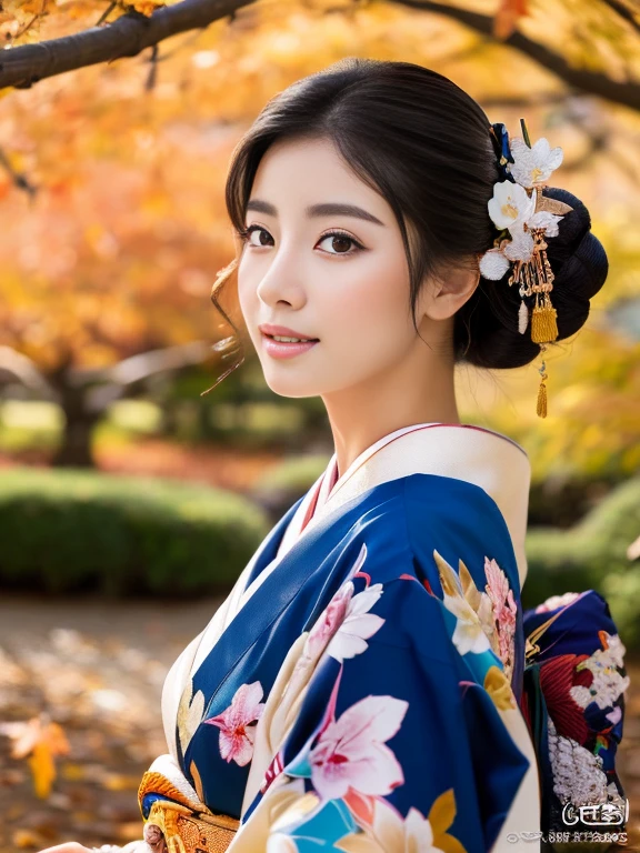 (Highest quality、 8k 、masterpiece、High resolution)、 Japanese painting、Vibrant colors、A woman wearing a kimono、(Detailed face,Beautiful Face,Beautiful Eyes,Beautiful nose,Pretty lips)、Dynamic painting technique、Japanese garden、Autumn scenery、autumn leaves、Starry Sky、Susuki、Detailed Description、