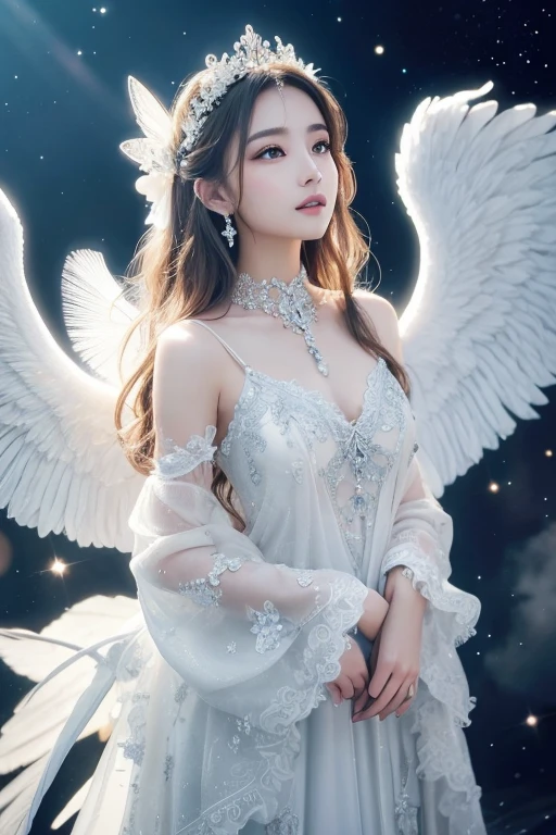 Beautifully detailed angel、Beautifully detailed large wings、Beautifully detailed white clothing、Flying into a beautifully detailed sky、(Highest quality、4K、8k、High resolution、masterpiece:1.2)、Super detailed、(Real、Photorealistic、Photorealistic:1.37)、Detailed plumage、Intricate details、Soft lighting、heaven、Ethereal、god々Shii、Calm、Shine、heavenの、Shine、bright、Sparkling、Majestic、elegant、Elegant、Exquisite、amazing、Breathtaking