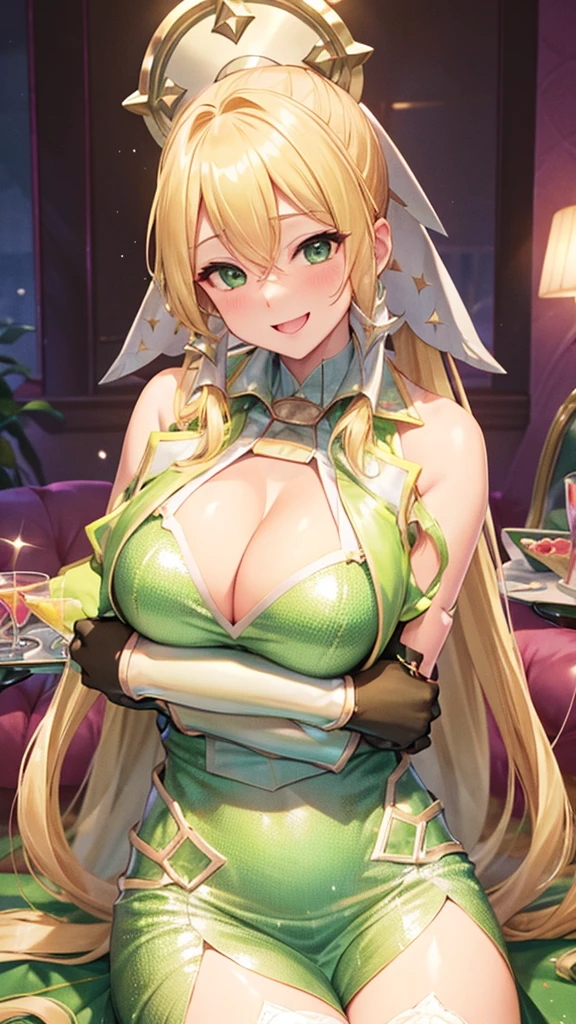 Big Breasts、Blonde、Shiny lime green sequin dress、Pink love hotel with dim lights、Wicked Smile、Lightly open your mouth、Evil female executive、adult、Married Woman、slouch
