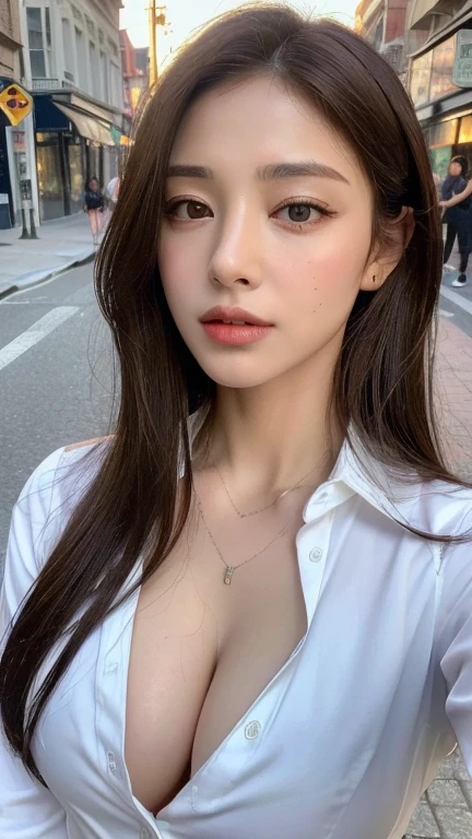 ((Highest quality, 8k, masterpiece :1.3)), Sharp focus :1.2, Beautiful woman with perfect figure :1.4, Slim Abs :1.2, ((Dark brown hair,  :1.2)), (White button-up long shirt :1.1), City Street:1.2, Highly detailed face and skin texture, fine grain, double eyelid、Large Breasts、Cleavage