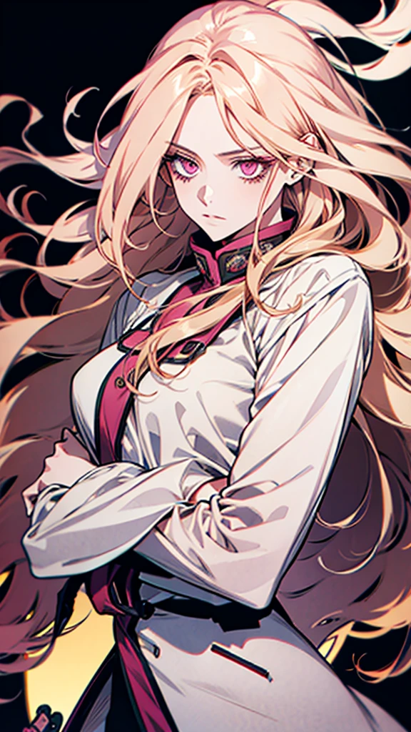 A woman with long, wild hair, pink eyes, blond hair, wearing a neat outfit.