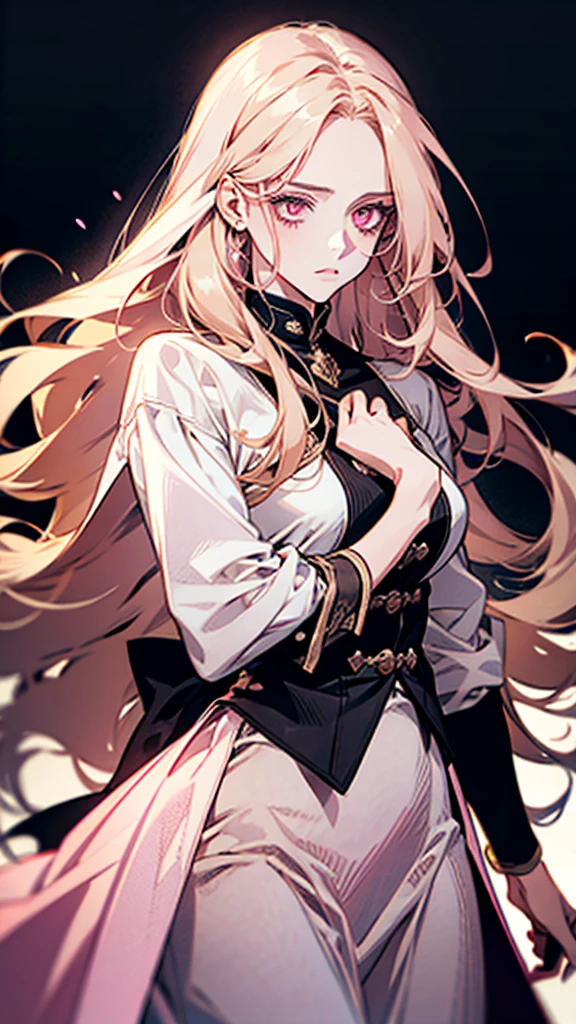 A woman with long, wild hair, pink eyes, blond hair, wearing a neat outfit.