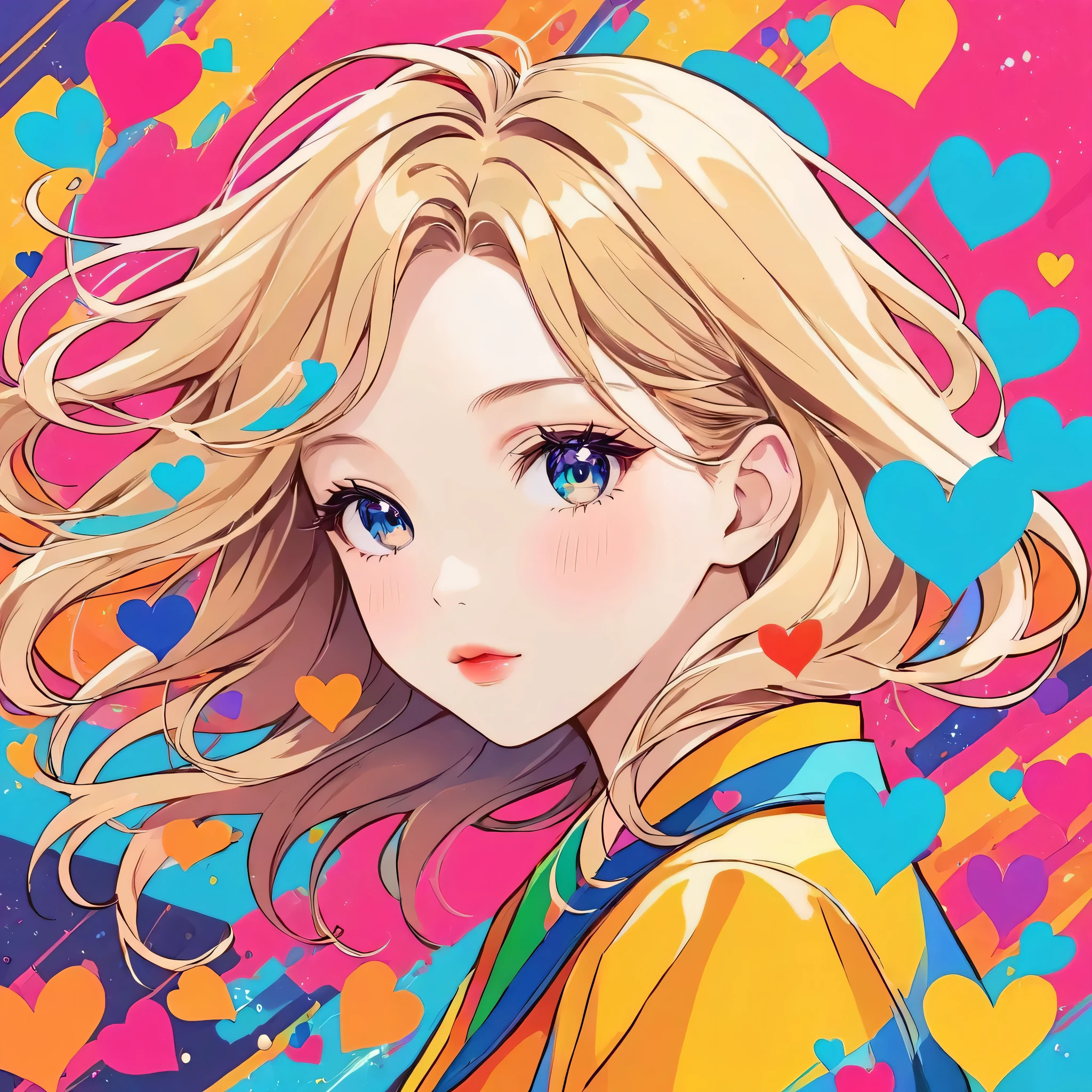 Mika Pikazo colorful style, Simple Line Initialism，Abstract art，Urban Background, (((The most beautiful girl of all time))), Sweet face. Lips in love, colorful hearts, stylish design