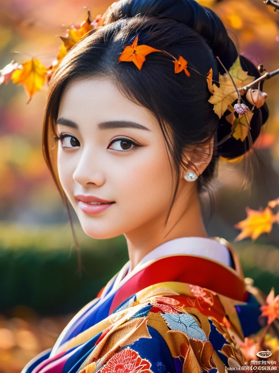 (Highest quality、 8k 、masterpiece、High resolution)、 Japanese painting、Vibrant colors、A woman wearing a kimono、(Detailed face,Beautiful Face,Beautiful Eyes,Beautiful nose,Pretty lips)、Dynamic painting technique、Japanese garden、Autumn scenery、autumn leaves、Starry Sky、Susuki、Detailed Description、