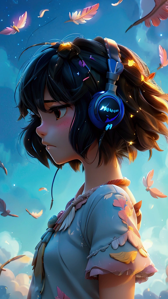 Feathers Fall、Ghibli-style images、One girl, High resolution, Black Hair、Sparkle Effect, , Highest quality, headphone、Soaring in the night sky