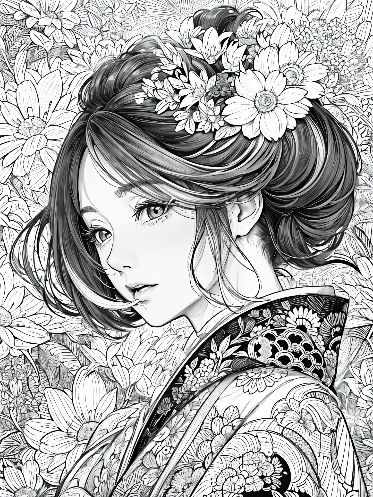 (Black and white coloring book:1.5), line drawings, masterpiece, best quality, ultra-detailed, high resolution, Very detailed face, (Eyes clear and distinct lines), Hair is white color, Upper Body shot, A woman wearing a furisode, The furisode has gorgeous floral and seasonal motif patterns, background is a beautiful Japanese garden, Hyper detailed crisp black line draw, ((simple white color)), Fibonacci