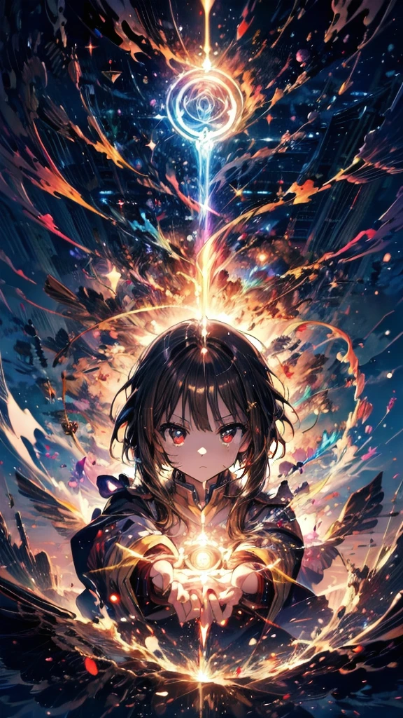 (Highest quality),(masterpiece), 8k,Very detailed, Detailed light, Best Shadow,Detailed reflective eyes, Beautiful Eyes, Very detailedな顔,Shiny Hair,One person,Gloss,semi-long,Dark brown hair,Red eyes,enchanting,Expressionless,Quiet anger,full moon,hair ornaments,whole body,front,KonoSuba,A blessing to this wonderful world！,Megumin,Megumin,Cane,magic circle,darkness,face is dirty for painting,Dynamic Angle,