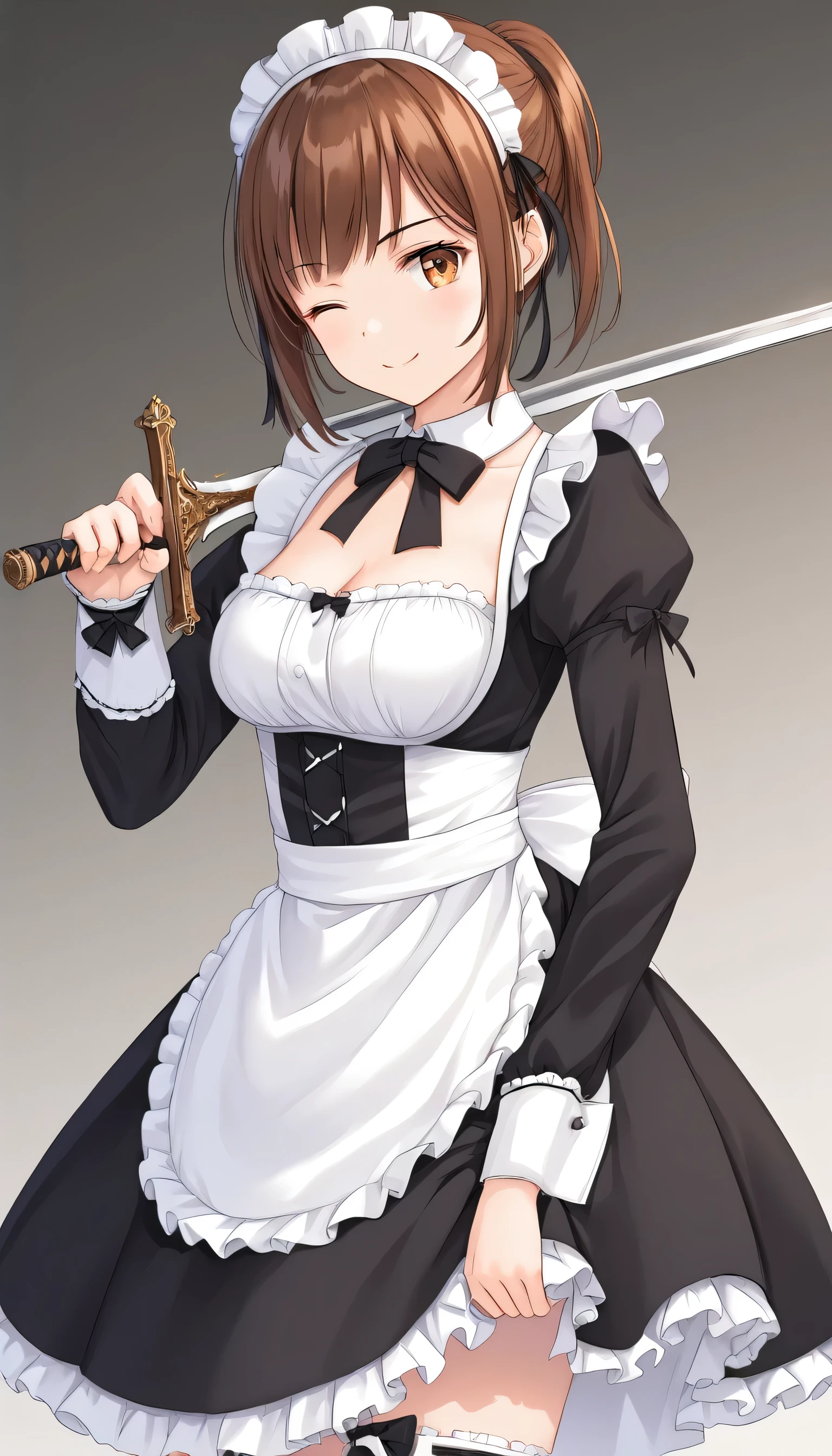 weapon over shoulder, holding weapon, holding sword, ((best quality)), ((masterpiece)), (detailed), perfect face, ((Best quality, 8k, Masterpiece: 1.3)), Maid, maid outfit, combat maid, brown hair, hair behind ear, straight hair, maid headdress, anime style, Maid costume, frilly maid apron, wink