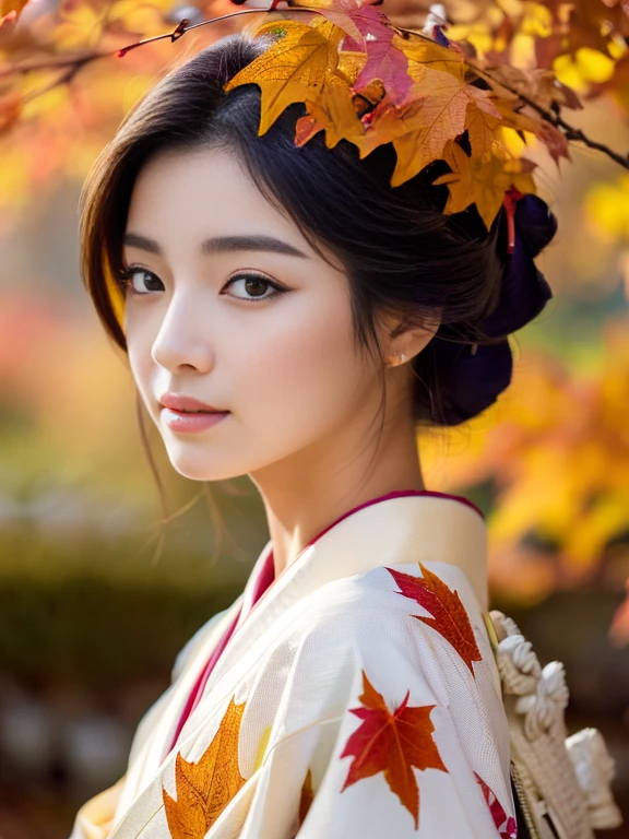 (Highest quality、 8k 、masterpiece、High resolution)、 Japanese painting、Vibrant colors、A woman wearing a kimono、(Detailed face,Beautiful Face,Beautiful Eyes,Beautiful nose,Pretty lips)、Dynamic painting technique、Japanese garden、Autumn scenery、autumn leaves、Starry Sky、Susuki、Detailed Description、