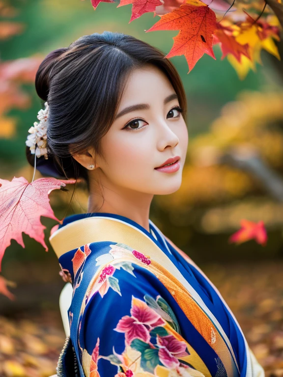 (Highest quality、 8k 、masterpiece、High resolution)、 Japanese painting、Vibrant colors、A woman wearing a kimono、(Detailed face,Beautiful Face,Beautiful Eyes,Beautiful nose,Pretty lips)、Dynamic painting technique、Japanese garden、Autumn scenery、autumn leaves、Starry Sky、Susuki、Detailed Description、