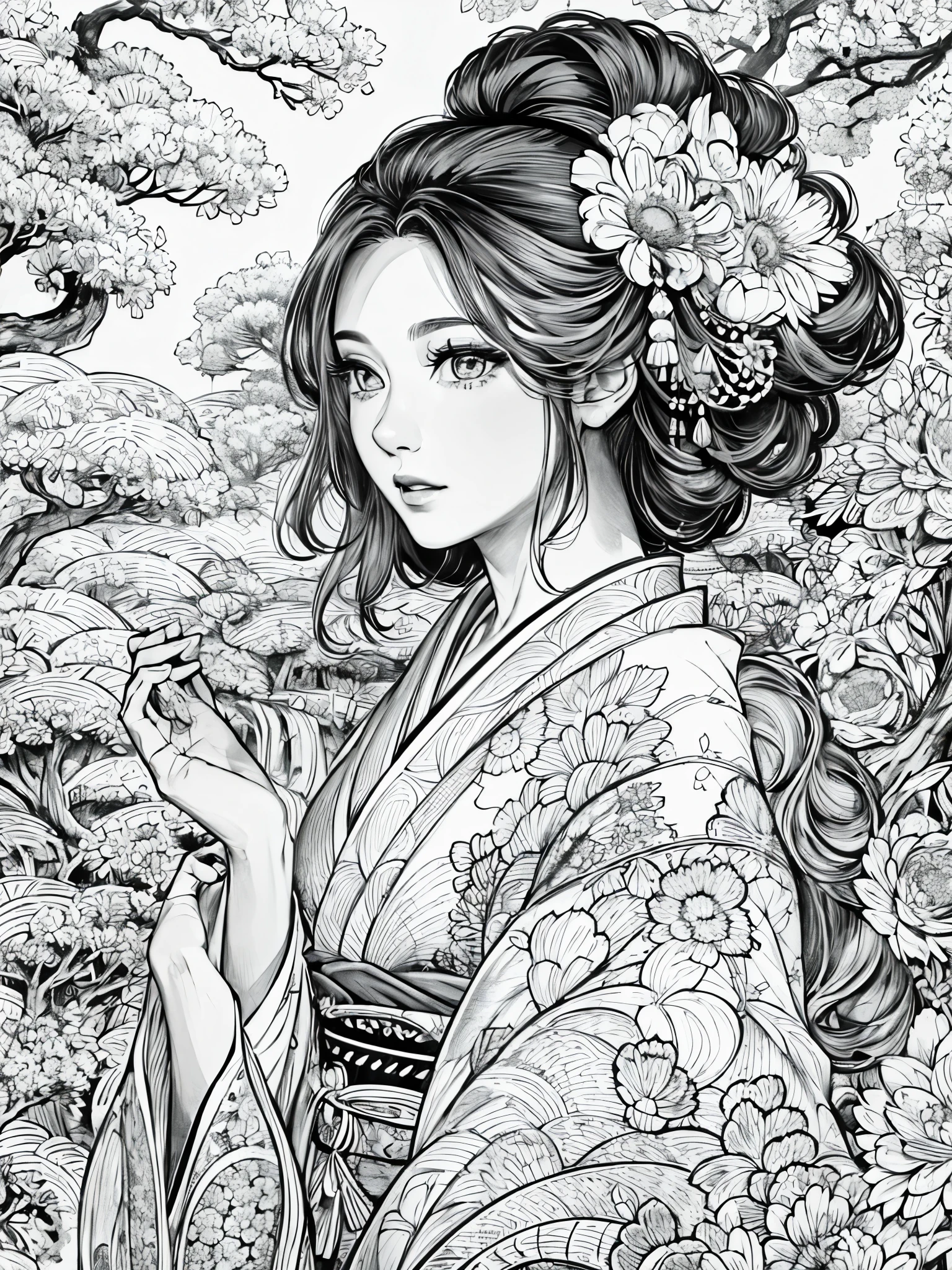 (Black and white coloring book:1.5), line drawings, masterpiece, best quality, ultra-detailed, high resolution, Very detailed face, (Eyes clear and distinct lines), Hair is white color, Upper Body shot, A woman wearing a furisode, The furisode has gorgeous floral and seasonal motif patterns, background is a beautiful Japanese garden, Hyper detailed crisp black line draw, ((simple white color)), Fibonacci