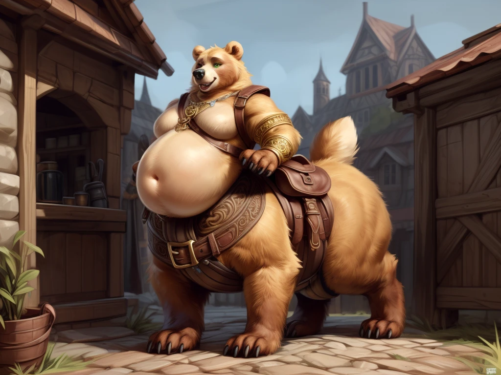 4k ultra quality, 4k full body view,ultra high detailed body,singo person,beartaur, detailed body, (ultra detailed belly), white belly fur,big belly, ((round taur belly)), enormous taur belly, enormous taur body, bulge,by mystikfox61, by glitter trap boy, by bebebebebe,by morethreedee, by seibear,(thick thigh),(chubby thigh),thicc thigh,thick legs,chubby legs,thicc legs,massive butt,enomorous thigh,massive thigh,massive legs,(detailed thigh),(wide thigh),thick butt,fluffy belly,furry belly,sharp nails,((sfw)),(ultra detailed face),ultra detailed eyes,cute face,green eyes,(golden fur),mouth open,big tail,fluffy tail,(detailed tail),enomorous tail,front view,big tail,immobile taur,enomorous thigh,fluffy paws,detailed paws,thick paws,chubby paws,huge paws,big paws,(bear paws),bare paws,ornate belts,ornate necklace,golden bracelet,leather belts,multiple belts,ultra big bulge,huge bulge, saddle bags,ornate saddle,saddle packs,big packs,mediaeval town,mediaeval style,taur treader,outdoor,carrying a stall