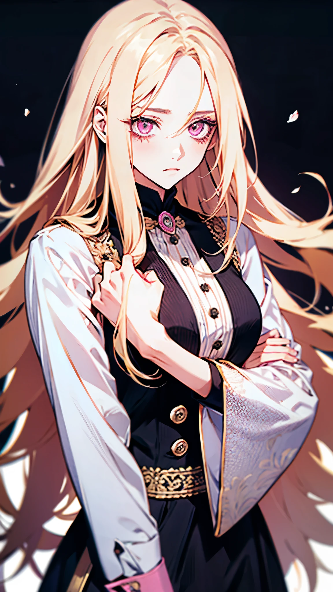 A woman with long hair, pink eyes, blonde hair, neatly dressed, cute.