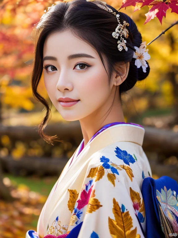 (Highest quality、 8k 、masterpiece、High resolution)、 Japanese painting、Vibrant colors、A woman wearing a kimono、(Detailed face,Beautiful Face,Beautiful Eyes,Beautiful nose,Pretty lips)、Dynamic painting technique、Japanese garden、Autumn scenery、autumn leaves、Starry Sky、Susuki、Detailed Description、